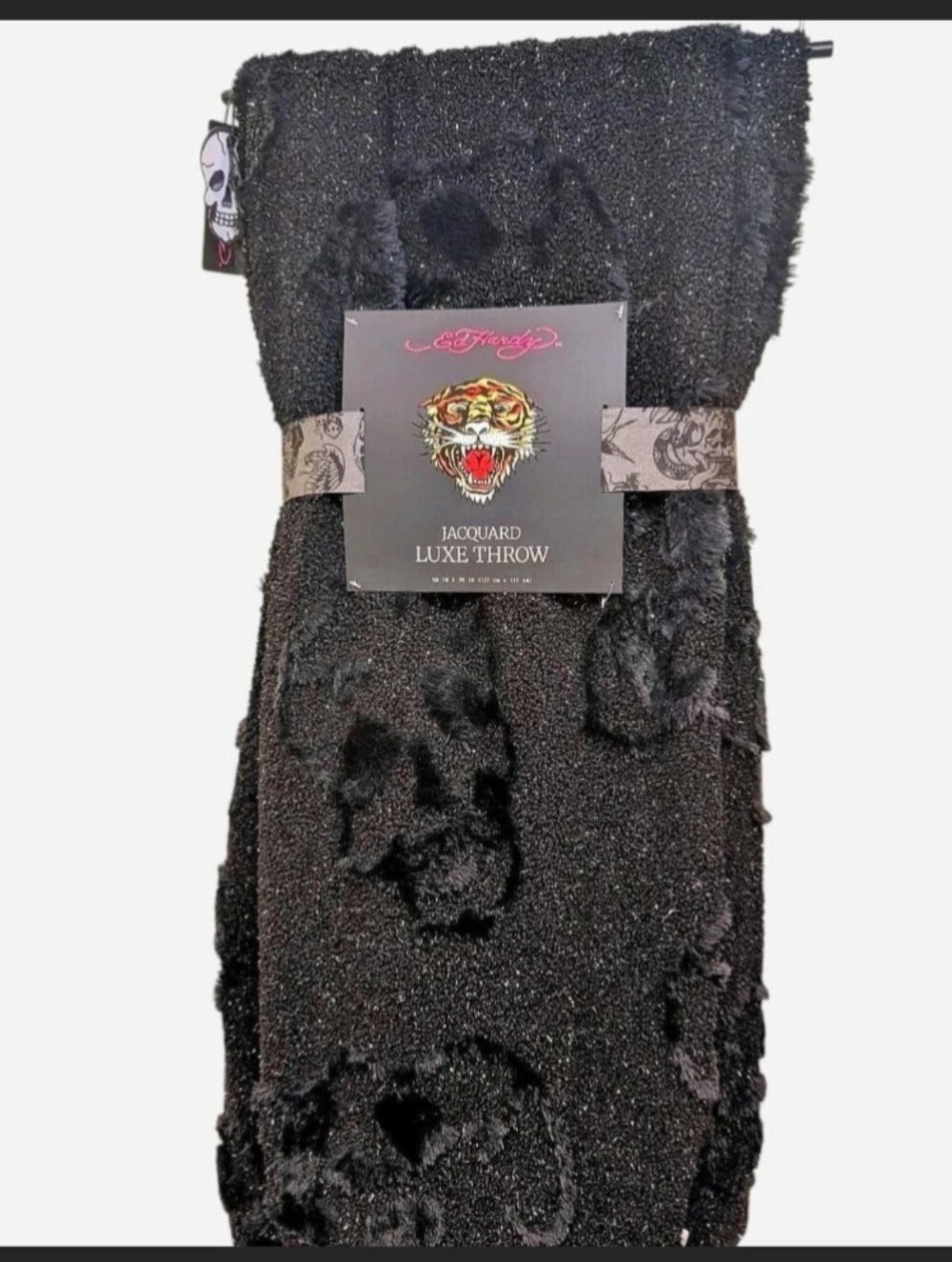 Ed Hardy Jacquard Luxe Throw Blanket Black Textured Fleece with Skulls 50x70